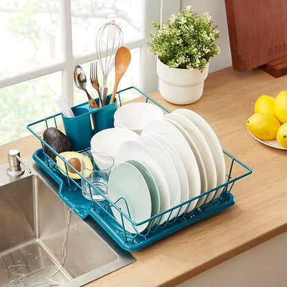 Space-Saving 3-Piece Dish Drainer Rack Set ✅ Efficient Kitchen Organizer for Quick Drying and Storage ✅ Includes Cutlery Holder and Drainboard ✅ Maximize Countertop Space, Blue/Green Teal by SweetHomeCollection