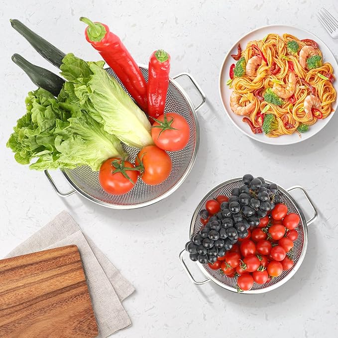 2PCS Colander for Kitchen, 3QT and 5QT, Stainless Steel Colander Strainer with Handle for Fruits Vegetables Cooking Food, Dishwasher Safe - Image 5