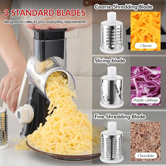 Ourokhome Rotary Cheese Grater Hand Crank, Kitchen Shredder Speed Mandolin Slicer Ice Shaver with Handle and Drum Blades for Cheese, Vegetable, Nuts, Chocolate, Potato, Carrot, 5 Blades, Black - Image 5
