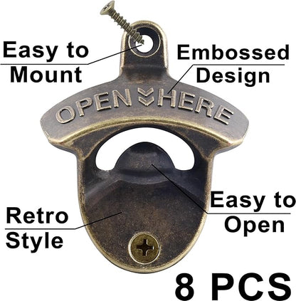 8 PCS Wall Mount Bottle Opener Antique Bronze, Old Fashioned Bulk Beer Bottle Cap Opener Surface Mount for Patio Post - Image 2