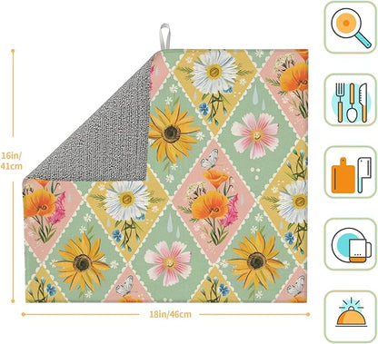 Daisy Flowers Dish Drying Mat 16x18 Inch, Microfiber Absorbent Fast Dry Mat Floral Large Dish Mat Drying Kitchen Mat, Kitchen Drying Pad for Kitchen Counter Coffee Bar Decor Gifts