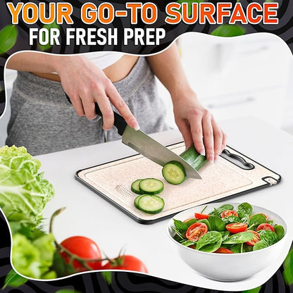 Double Sided Metal Cutting Board Titanium 14.3"x9.8" - GR1 Titanium Cutting Board with Sharpener for Knife for Meat & Wheat Straw + PP for Fruits - Non-slip, Built-in Garlic Grater & Juice Grooves