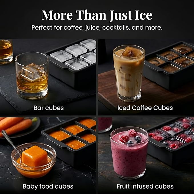 KitchFort Large Silicone Ice Cube Tray (2-Pack), Easy Release 2" Big Ice Cubes - Cocktail, Whiskey Ice Cubes Mold - Ice Trays for Freezer with Lid - Stackable Silicone Ice Tray - Black - Image 8