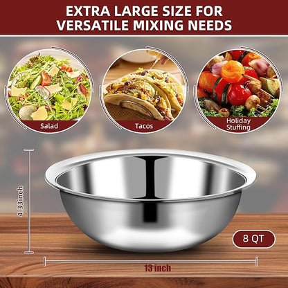 6 Pcs Stainless Steel Mixing Bowls Metal Mixing Bowls Extra Large Basin Salad Bowl with Deeper Edge, Dishwasher Safe, Mirror Finish for Home and Commercial, Silver (13 Inch 7 Qt)