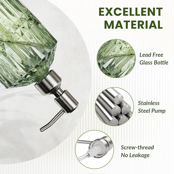 AmazerBath Soap Dispenser, Green Glass Soap Dispenser with Pump Stainless Steel, 14.2OZ Refillable Hand Bottles Bathroom Kitchen, 1 Pack - Image 2