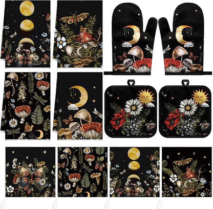 12 Pcs Black Witchy Kitchen Decor Set 4 Mushroom Kitchentowels 4 Absorbent Dishcloths 2 Sun Moon Star Oven Mitts Gloves 2 Butterfly Rustic Pot Holders Sets for Home Decorations Mom Gifts