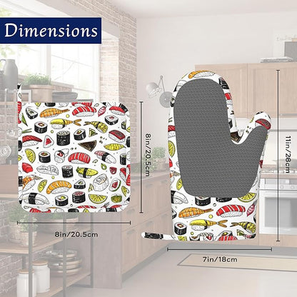 Japanese Kawaii Sushi Potholders & Oven Mitts Sets Cute Sushi Roll Silicone Heat Resistant Oven Mits and Hot Pads Non-Slip Pot Holders Gloves for Kitchen Chef Cooking Baking Grilling BBQ