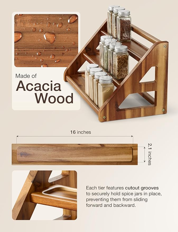 Tinamo Acacia Wood Spice Rack for Countertop - Wooden Tray Holds 24 Jars Spice Racks Organizer for Storage Shelf - 3 Tiered Spice Rack Organizer for Cabinet - Spice Shelf for Kitchen Pantry (Acacia) - Image 2