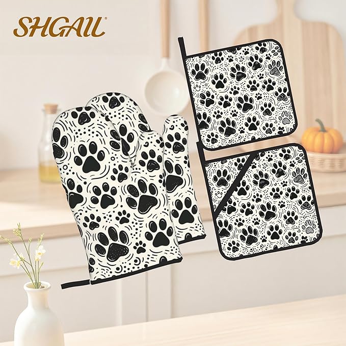 Black White Paw Oven Mitts & Potholder Set of 4 - Heat Resistant Kitchen Gloves Hot Pads for Baking, Cooking, Gifts for Women