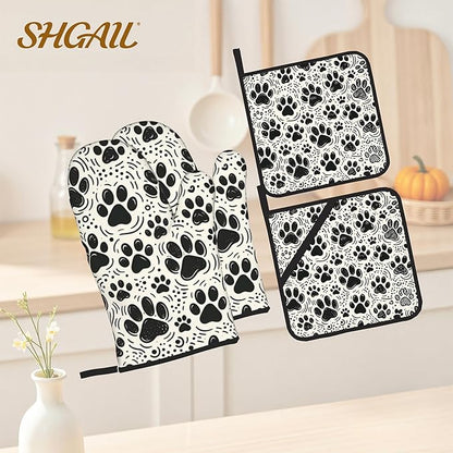 Black White Paw Oven Mitts & Potholder Set of 4 - Heat Resistant Kitchen Gloves Hot Pads for Baking, Cooking, Gifts for Women