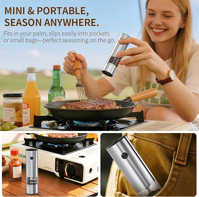 Mini Electric Salt and Pepper Grinder Stainless steel, USB Rechargeable, Small Automatic Salt Pepper Mill Grinder, Travel/Outdoor BBQ/Children, One-Button Control,External Adjustable Coarseness