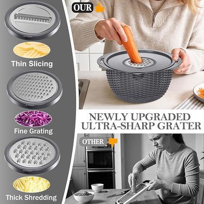 4-1 Colander with Lid Set - Rotatable Strainer With Bowl(Patented), Pasta Strainer with New Upgraded Graters, Strainer And Colanders, Fruit Cleaner, Veggie Wash, Apartment Kitchen Gadgets - Grey - Image 5