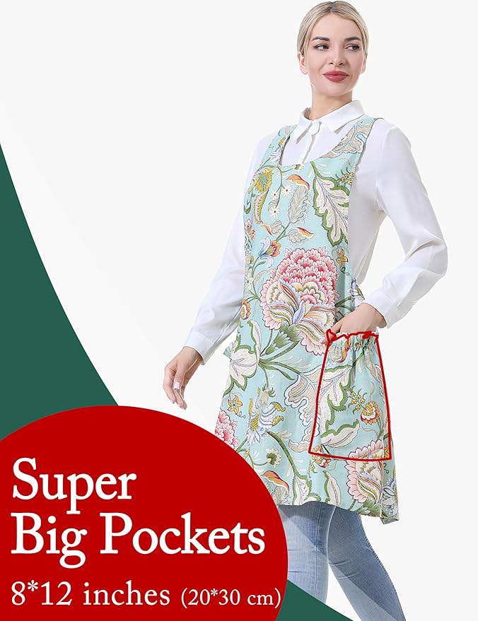 Cozy Adjustable Cross Back Aprons for Women with Pockets Cotton Linen Cooking Kitchen Baking