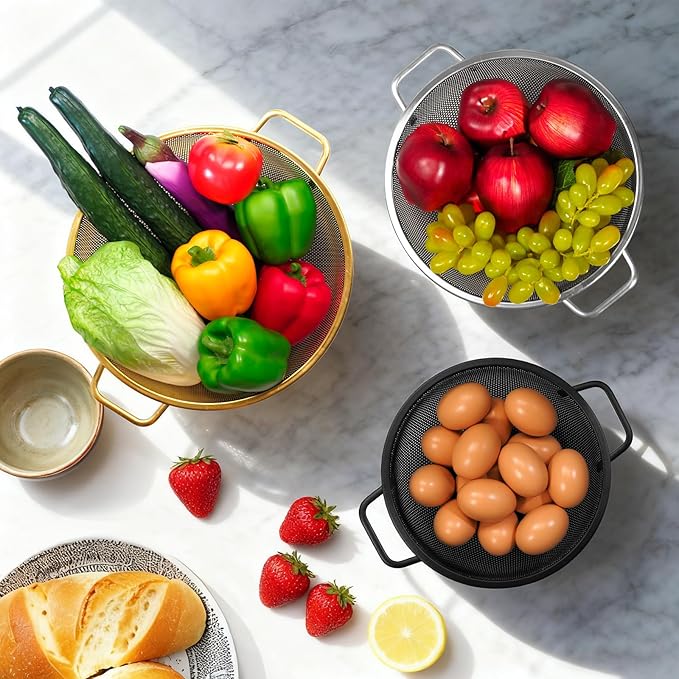 3PCS Three Colors Mix Colander Set, 3QT Black & 4QT Silver & 5QT Gold, Stainless Steel Pasta Strainer with Handle for Prepping Washing Draining Storing Food, Dishwasher Safe - Image 2