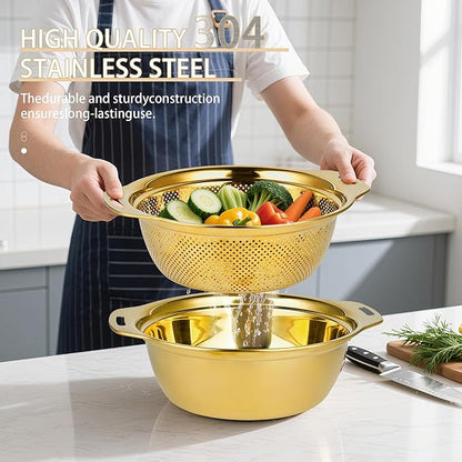 Colander 304 Stainless Steel 3-quart with Mixing Bowls, Strainer for Kitchen Food For washing vegetables, fruit, rice, Dishwasher Safe. (Gold 2PC) - Image 4