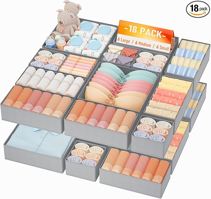 DIMJ Drawer Organizer Clothes Storage - 18 Pack Baby Dresser Organizer for Nursery, Foldable Closet Drawer Organizer Bins for Bedroom Organization, Fabric Storage Dividers for Socks, Underwears, Bras by DiMJ