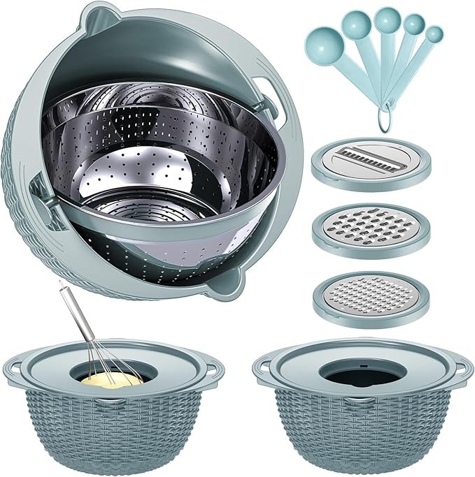4-1 Strainer with Bowl & Spoons Set - Strainers and Colanders(Patented) - Colanders for kitchen - Food Strainer with New Upgraded Graters & Spoons - Fruit Bowl for Pasta Fruits Veggie- Blue by Balavina