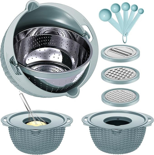 4-1 Strainer with Bowl & Spoons Set - Strainers and Colanders(Patented) - Colanders for kitchen - Food Strainer with New Upgraded Graters & Spoons - Fruit Bowl for Pasta Fruits Veggie- Blue by Balavina