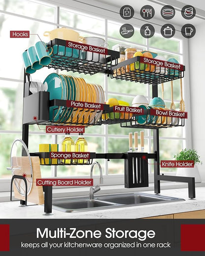 Sakugi Over The Sink Dish Drying Rack - Adjustable 3 Tier XX-Large Capacity Stainless Steel Drainer with Cutlery & Utensil Holders, Kitchen Storage & Organization, 31.5"-39.5"L x 12"W x 30.5"H, Black - Image 2