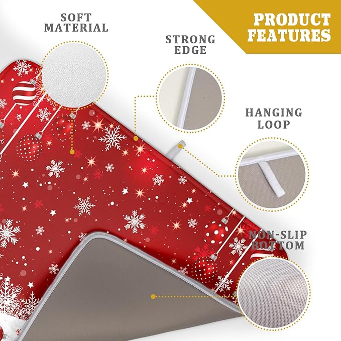 Giwawa Xmas Balls Dish Drying Mat for Kitchen Countertop Winter Red White Snowflakes Dish Drainer Mats 18x24inch Reversible Dish Drying Rack Pad Protector for Dining Holiday New Year Decor