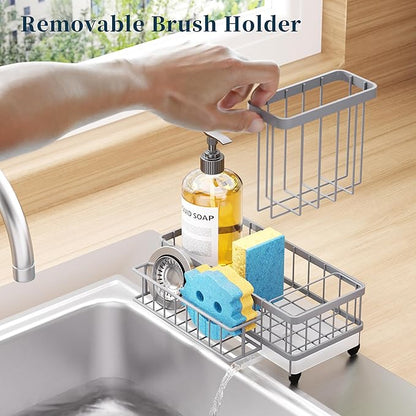 Consumest Sponge Holder for Kitchen Sink - Auto Draining Sink Caddy Organizer with Detachable Rack, High Brush Holder, Kitchen Countertop Storage Accessories, Grey - Image 3