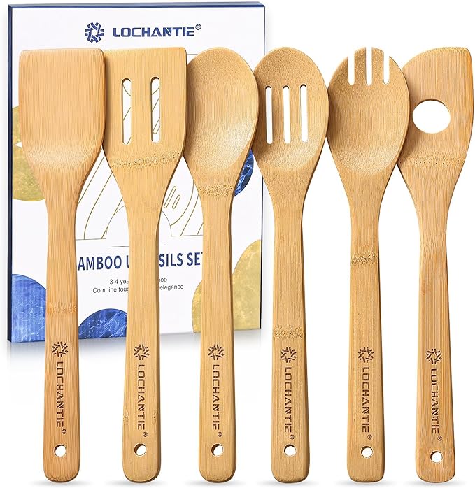 Wooden Spoons for Cooking Bamboo Utensils Set (6 Pieces) - Essential Tools Wooden Spoons & Spatula for Everyday Stirring, Mixing, Flipping & Serving, Gentle on Nonstick Cookware by LOCHANTIE