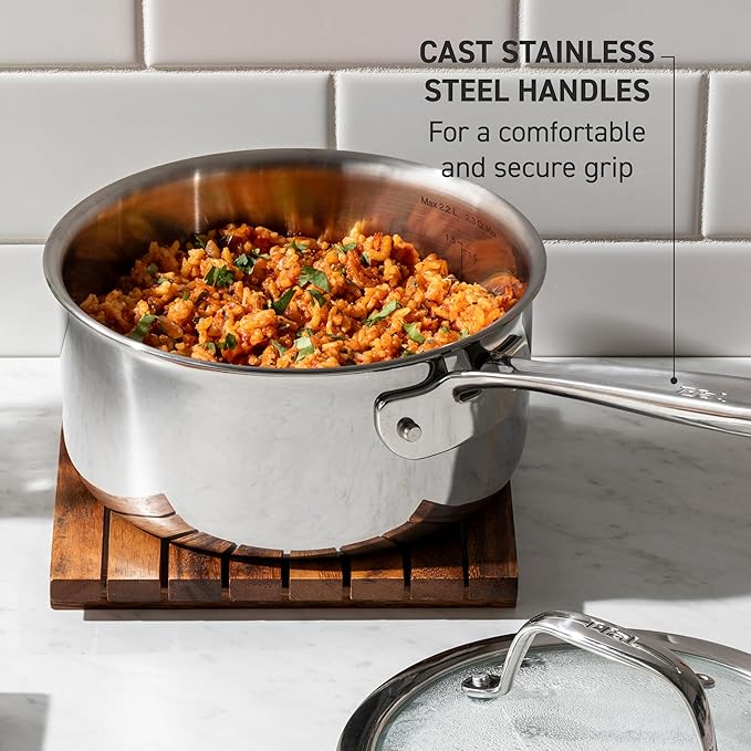 T-Fal Pro Tri-Ply Stainless Steel Saute Pan with Lid, 3 Quart, Induction Pot, Oven Safe 500F, Lid 350F, Deep Frying Pan, Fast & Even Heat, Professional Quality, Durable, Silver - Image 4