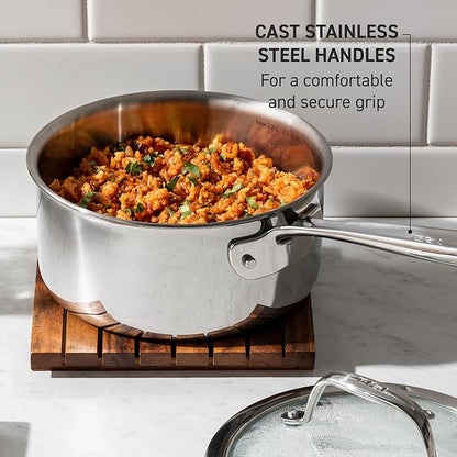 T-Fal Pro Tri-Ply Stainless Steel Saute Pan with Lid, 3 Quart, Induction Pot, Oven Safe 500F, Lid 350F, Deep Frying Pan, Fast & Even Heat, Professional Quality, Durable, Silver - Image 4