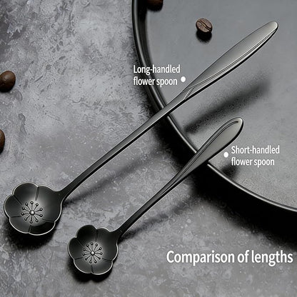 12 Pcs Flower Coffee Tea Spoons Set with Storage Bag, 4 Long & 8 Short Stainless Steel Teaspoons for Sugar Dessert Ice Cream Stirring, Cute Fancy Tableware for Tea Party Kitchen Cafe Bar(Black)