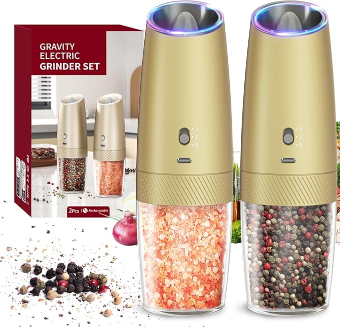 CIRCLE JOY Gravity Electric Salt and Pepper Grinder Set with 2-Speed, Rechargeable Salt and Pepper Grinder Set, Adjustable Coarseness, Whiet LED Light by CIRCLEJOY