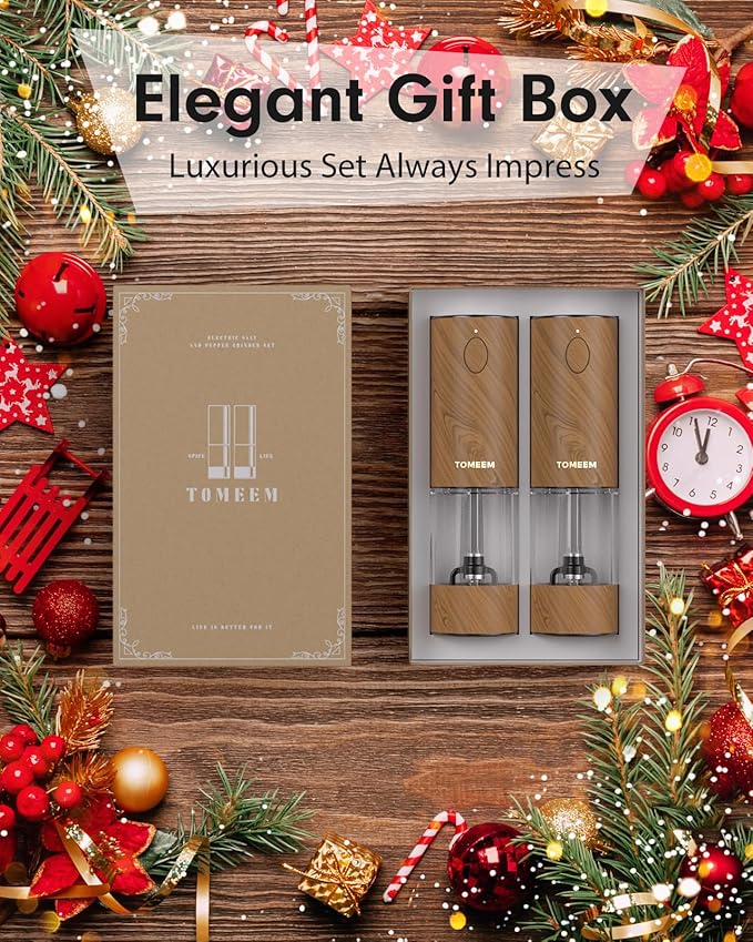 TOMEEM Upgraded Larger Capacity Electric Salt and Pepper Grinder Set Rechargeable with LED lights, Stainless Steel Automatic Pepper and Salt Grinder Refillable with 5 Adjustable Coarseness Wood Grain - Image 9