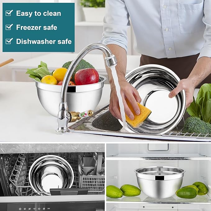 E-far Mixing Bowls with Lids, 6-Piece Stainless Steel Salad Bowls Metal Nesting Bowls for Baking Cooking and Prepping, Airtight Lids & Stackable Design, Size 4.5, 3, 1.5 QT (Blue) - Image 6