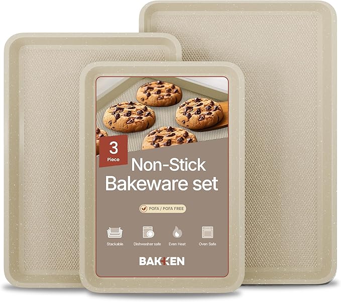 BAKKEN Kitchen Baking Pan - Small, Medium, and Large Cookie Pan (13.58×9.65, 15.75×11, 17.91×12.60), Nonstick, Diamond Texture Bottom, PFOA, PFOS, PTFE Free, Oven Safe (450°F), Pack of 3, White Marble by Unknown
