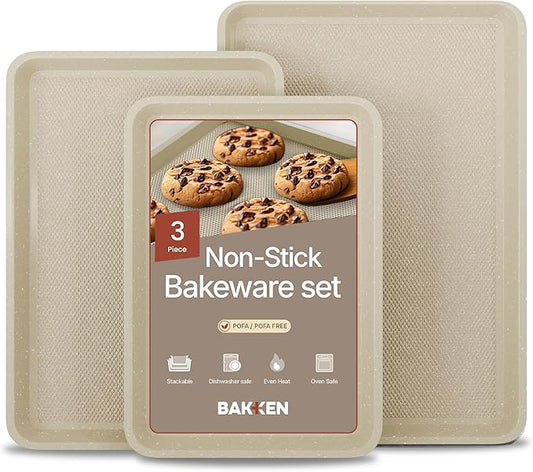 BAKKEN Kitchen Baking Pan - Small, Medium, and Large Cookie Pan (13.58×9.65, 15.75×11, 17.91×12.60), Nonstick, Diamond Texture Bottom, PFOA, PFOS, PTFE Free, Oven Safe (450°F), Pack of 3, White Marble by Unknown