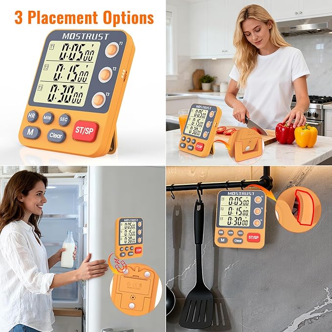 Digital Dual Kitchen Timer, 3 Channels Countdown Triple Timer for Cooking, Magnetic Memory-Preset Large Display Adjustable Alarm Volume, Multi Times Management, 3A Battery Included, Orange - Image 6