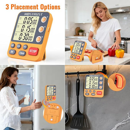 Digital Dual Kitchen Timer, 3 Channels Countdown Triple Timer for Cooking, Magnetic Memory-Preset Large Display Adjustable Alarm Volume, Multi Times Management, 3A Battery Included, Orange - Image 6