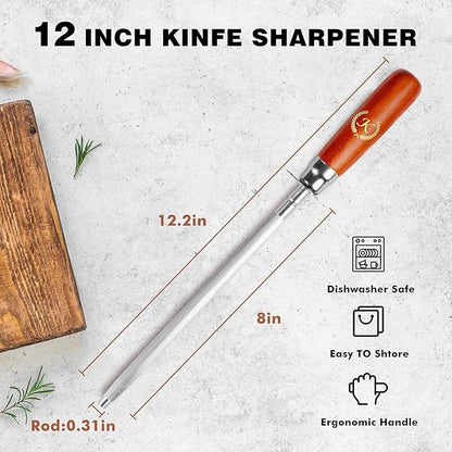 Knife Sharpener Rod, Kitchen Knives Sharpener Carbon Steel Professional Knife Sharpening Steel, Honing Rod with Hanging Holes (13 inches), K - Image 2