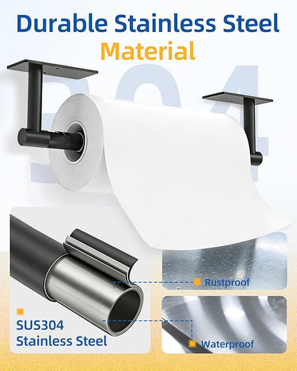 RUACQ Paper Towel Holder Under Cabinet, One Hand Tearing Paper Towel Holder with Damping Effect, Wall Mount & Adhesive Stainless Steel Paper Roll Holder for Kitchen Bathroom (Matte Black)