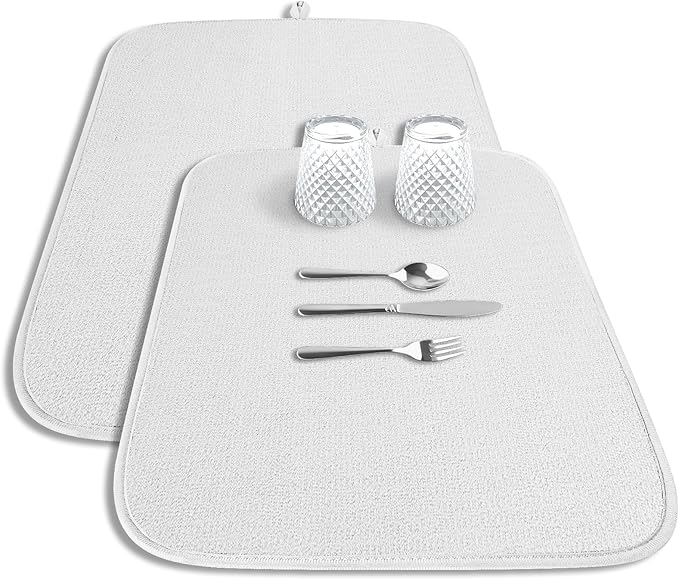 Kitsure Dish Drying Mat - 2-Pack Washable Microfiber Drying Mat for Kitchen Counter, 3-Layer Ultra Absorbent Pad with a Hanging Hook, 20" x 14", White by Kitsure