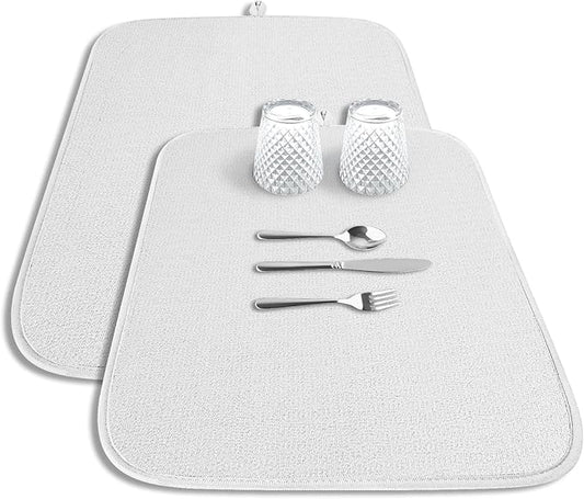 Kitsure Dish Drying Mat - 2-Pack Washable Microfiber Drying Mat for Kitchen Counter, 3-Layer Ultra Absorbent Pad with a Hanging Hook, 20" x 14", White by Kitsure