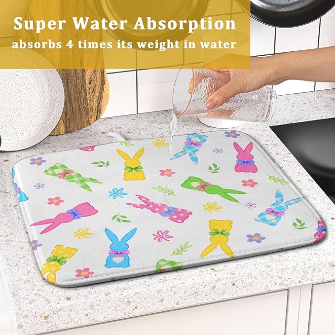 Easter Dish Drying Mat for Kitchen Counter Cute Bunny Floral Holiday Microfiber Absorbent Dish Draining Reusable Washable Foldable 16"x18" - Image 7