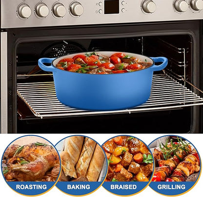 E-far 5QT Oval Dutch Oven Pot with Lid, Enameled Cast Iron Dutch Oven with Dual Handles for Sourdough Bread Baking Cooking, Nonstick Enamel Coated Cookware(Blue), Non-Toxic & Easy Clean