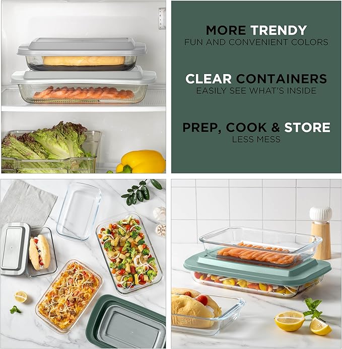 COOK WITH COLOR 8-Piece Deep Glass Baking Dish Set with Plastic Lids – Casserole and Food Storage Containers for Lasagna, Leftovers – Freezer-to-Oven, Microwave & Dishwasher Safe, Sage - Image 7