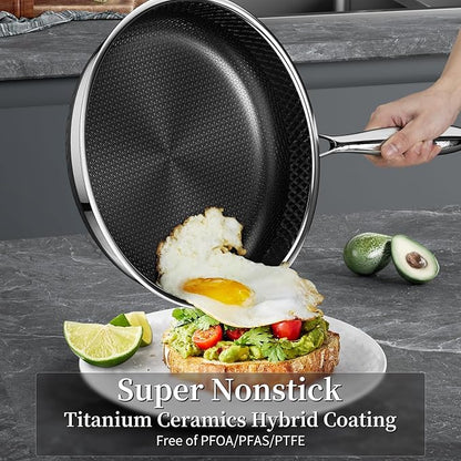 Stainless Steel Frying Pan with Lid - Titanium Ceramics Stainless Steel Nonstick Frying Pan Set, 10 Inch&12 Inch Safe Non Stick Skillet Egg Omelete Pan Set, Induction Compatible, PFOA, PFAS, PTFE Free
