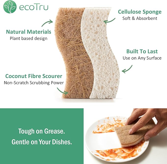 6 Pack Natural Kitchen Sponges, Compostable White Cellulose & Organic Coconut Scrubber Sponge for Washing Dishes, Kind Eco Friendly Non Toxic & Biodegradable Dishwashing Sponges - Image 2