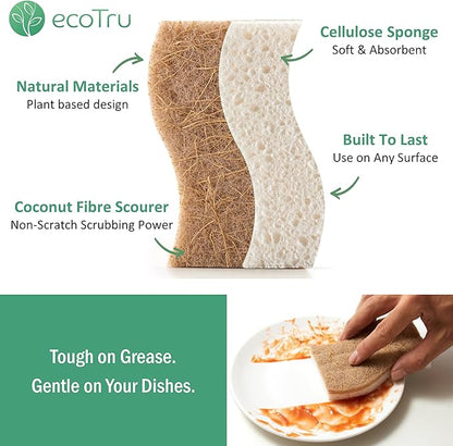 6 Pack Natural Kitchen Sponges, Compostable White Cellulose & Organic Coconut Scrubber Sponge for Washing Dishes, Kind Eco Friendly Non Toxic & Biodegradable Dishwashing Sponges - Image 2