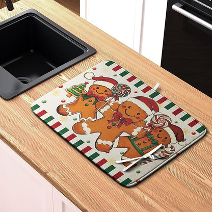 Christmas Dish Drying Mat Gingerbread Man Candy Cane Xmas Tree Drying Mats for Kitchen Counter Winter Holiday Dish Drainer Pad Absorbent Microfiber Dish Draining Mat 18x24 Inch - Image 6