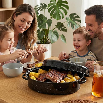 Oval Roasting Pan with Lid and Rack 18" Large Roaster Pan Set Comes With Lron Rack Enamel Cook Ware Dishwasher Compatibility Granite Oven Roaster
