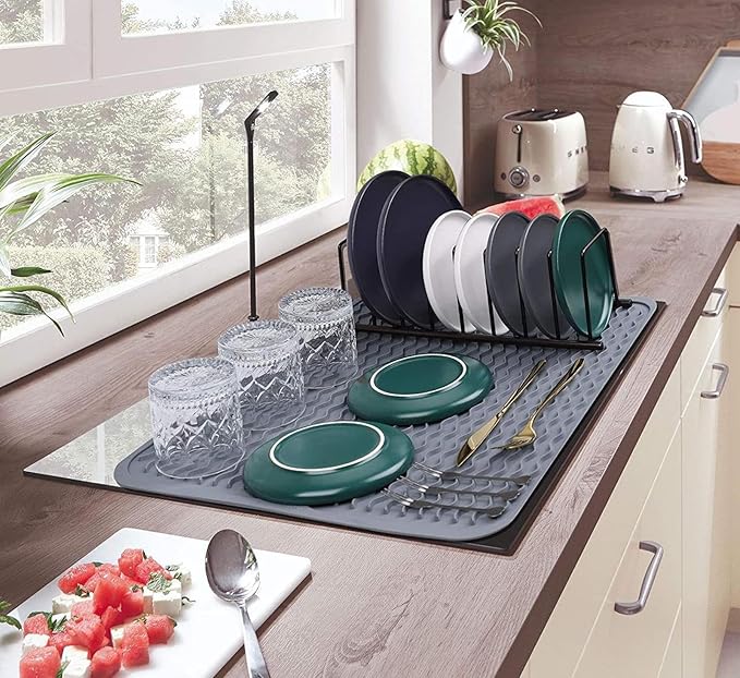 Large 24" x 18" Silicone Dish Drying Mat for Kitchen Counter, Easy clean, Quick Dry, Heat-resistant Dish Drainer Mat for Sink,Refrigerator or Drawer liner (Food Grade Silicone-Grey) - Image 7