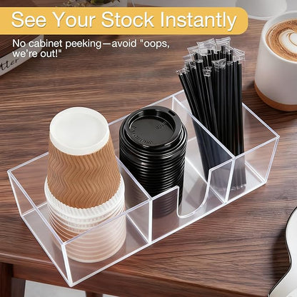 Acrylic Cup Holder for Countertop, 3 Slots Acrylic Coffee Bar Accessories and Organizer Anti Slip Waterproof, Clear Coffee Station Organizer for Cup Lid Straw